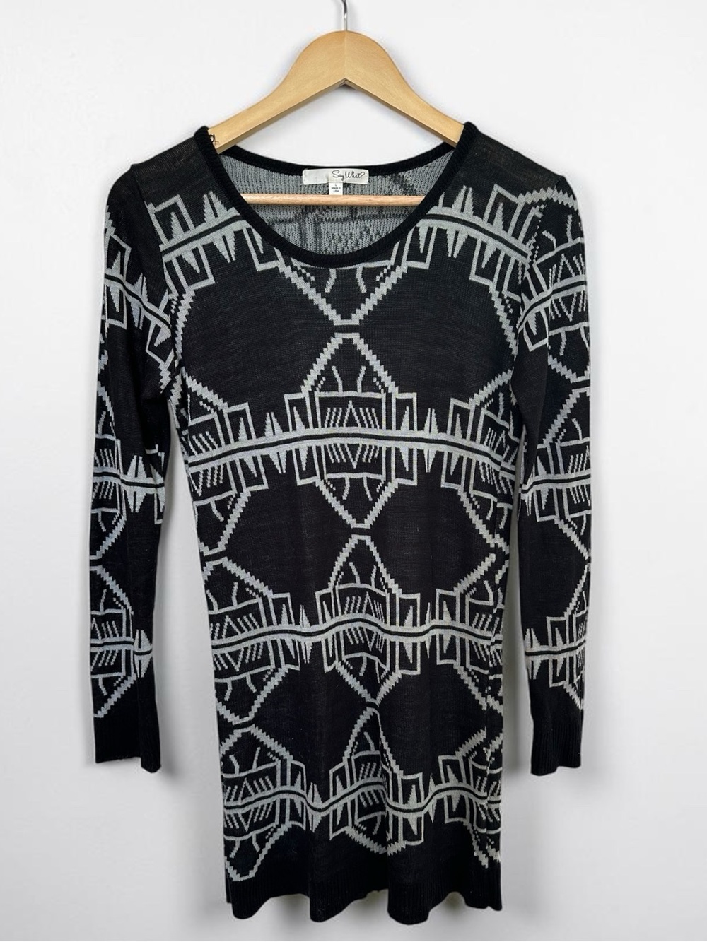 Say What? Y2K Tribal Geometric Knit Sweater Mini Dress Black White L